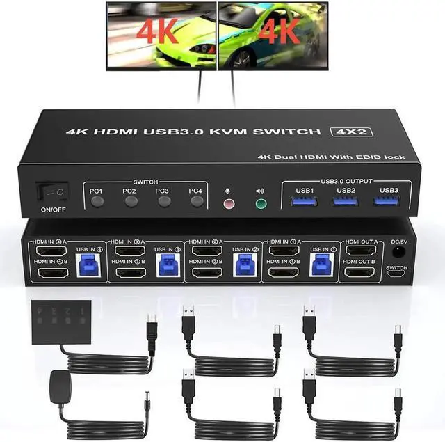Main image of USB 3.0 HDMI KVM Switch 2 Monitors 4 Computers, 4K@60Hz HDMI Dual Monitor KVM Switch for 4 PCs with Audio Output and 3 USB 3.0 Ports, 4 Port HDMI KVM Switch Input Supports EDID Emulators