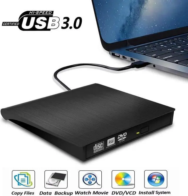 Main image of External DVD Drive, USB 3.0 Portable CD/DVD+/-RW Drive/DVD Player for Laptop CD ROM Burner Compatible with Laptop Desktop PC Windows Linux OS Apple Mac Black