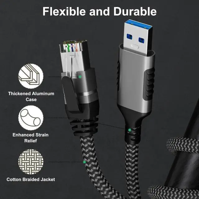 Alt view image 6 of 6 - AUTYUE USB to Ethernet Cable 10FT/3M, USB 3.0 A Male to RJ45 Male Cord, Directly Connected, Aluminum Portable USB to RJ45 Gigabit LAN Network Cable for Laptop, PC, Switch, More, Braided Cable