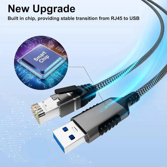 Alt view image 2 of 6 - AUTYUE USB to Ethernet Cable 10FT/3M, USB 3.0 A Male to RJ45 Male Cord, Directly Connected, Aluminum Portable USB to RJ45 Gigabit LAN Network Cable for Laptop, PC, Switch, More, Braided Cable
