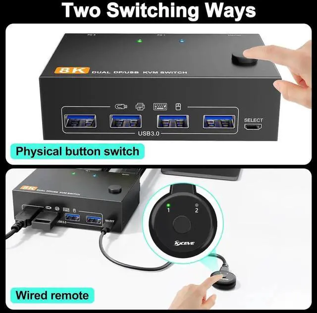 Alt view image 4 of 6 - AUTYUE Dual Monitor Displayport KVM Switch 8K@30Hz/4K@144Hz, 2 in 2 Out DP USB 3.0 KVM Switch for 2 Computers Share 2 Monitors and 4 USB 3.0 Devices, Cable Remote Control and USB Cable Included