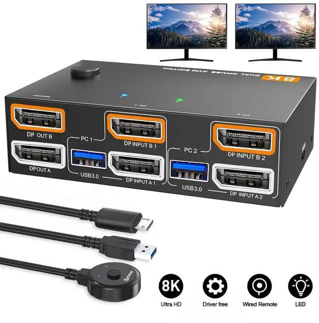 Main image of AUTYUE Dual Monitor Displayport KVM Switch 8K@30Hz/4K@144Hz, 2 in 2 Out DP USB 3.0 KVM Switch for 2 Computers Share 2 Monitors and 4 USB 3.0 Devices, Cable Remote Control and USB Cable Included