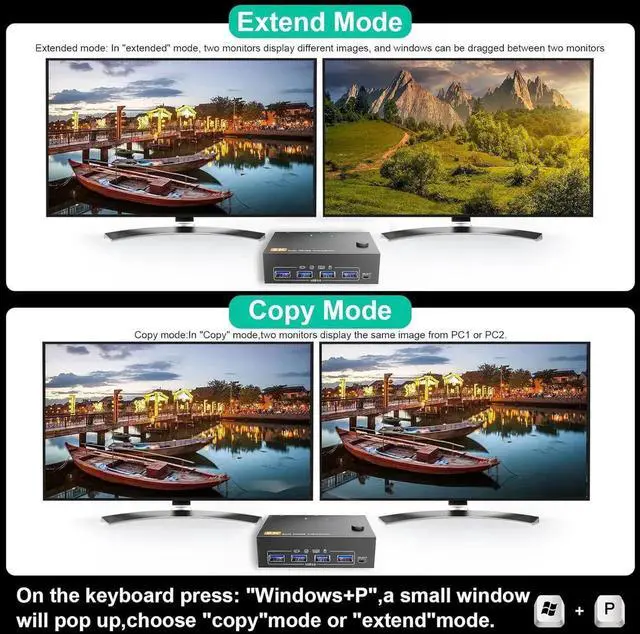 Alt view image 5 of 6 - AUTYUE Dual Monitor Displayport KVM Switch 8K@30Hz/4K@144Hz, 2 in 2 Out DP USB 3.0 KVM Switch for 2 Computers Share 2 Monitors and 4 USB 3.0 Devices, Cable Remote Control and USB Cable Included