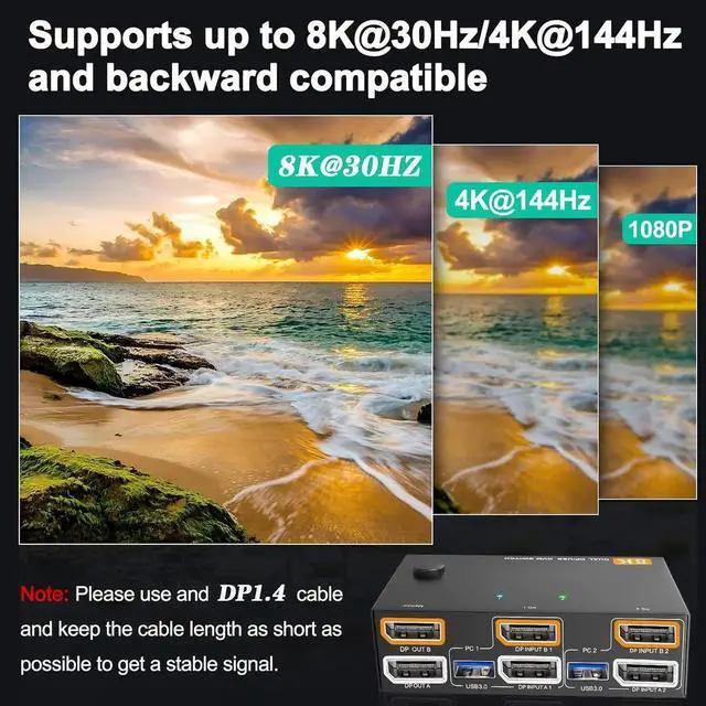 Alt view image 2 of 6 - AUTYUE Dual Monitor Displayport KVM Switch 8K@30Hz/4K@144Hz, 2 in 2 Out DP USB 3.0 KVM Switch for 2 Computers Share 2 Monitors and 4 USB 3.0 Devices, Cable Remote Control and USB Cable Included