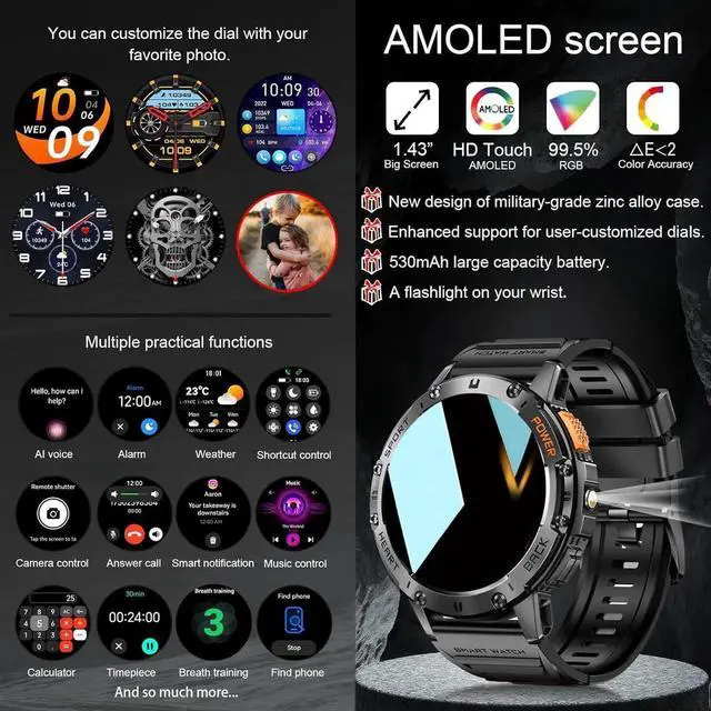 Alt view image 3 of 7 - AUTYUE Military Smart Watches for Men with Flashlight, 170+ Sport Modes 1.43" AMOLED Screen, 530mAh Answer/Make Calls, Heart Rate/SpO2/Sleep Monitor, Bluetooth Watch Compatible with IOS Android Phones