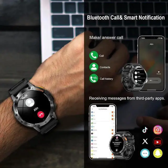 Alt view image 5 of 7 - AUTYUE Military Smart Watches for Men with Flashlight, 170+ Sport Modes 1.43" AMOLED Screen, 530mAh Answer/Make Calls, Heart Rate/SpO2/Sleep Monitor, Bluetooth Watch Compatible with IOS Android Phones