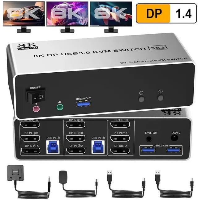 Main image of AUTYUE 8K@60Hz Displayport KVM Switch 3 Monitors 2 Computers 4K@144Hz, Triple Monitor DP KVM Switch for 2 Computer Share 3 Monitor, Audio Mic Port and 3 USB3.0 Devices, Wired Remote & 5V Power Adapter