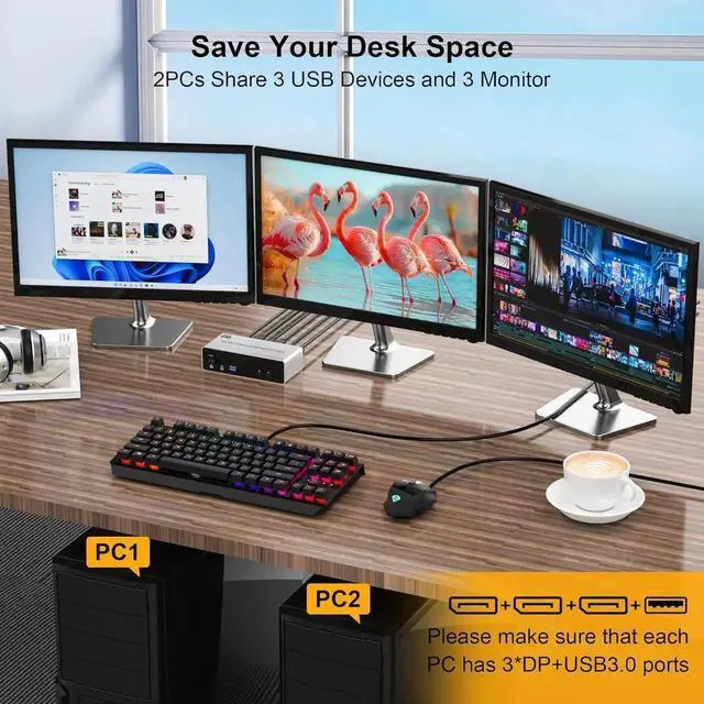 Alt view image 6 of 6 - AUTYUE 8K@60Hz Displayport KVM Switch 3 Monitors 2 Computers 4K@144Hz, Triple Monitor DP KVM Switch for 2 Computer Share 3 Monitor, Audio Mic Port and 3 USB3.0 Devices, Wired Remote & 5V Power Adapter