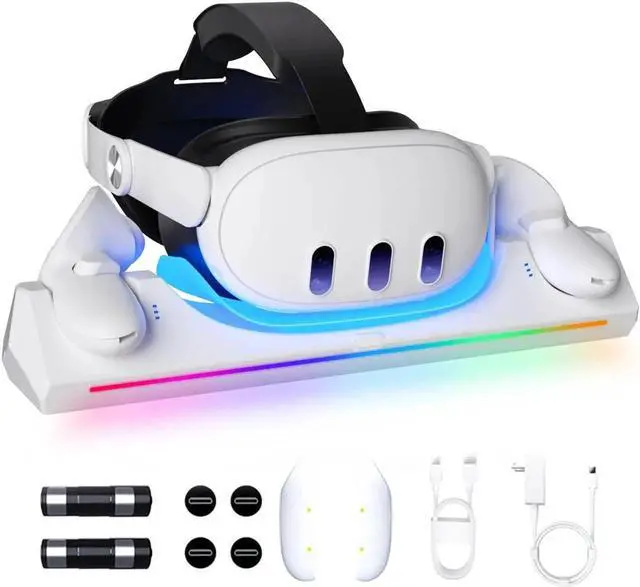 Main image of AUTYUE Charging Station for Me-ta/O-cu-lus Quest 3S/ Quest 3 Accessories, 30W Fast Adapter for Me-ta Quest 3 Charging Dock with LED Indicator, Includes 2*1800mAh Rechargeable Batteries for VR Headset