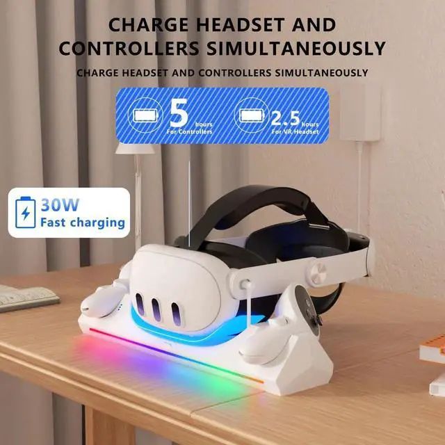 Alt view image 4 of 6 - AUTYUE Charging Station for Me-ta/O-cu-lus Quest 3S/ Quest 3 Accessories, 30W Fast Adapter for Me-ta Quest 3 Charging Dock with LED Indicator, Includes 2*1800mAh Rechargeable Batteries for VR Headset