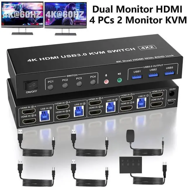 Main image of USB 3.0 Displayport KVM Switch 2 Monitors 4 Computers 4K 60Hz, Dual Monitor Displayport KVM Switch 4 Port with Audio Microphone Output and 3 USB 3.0 Ports, Display Port KVM Switch 4 in 2 Out