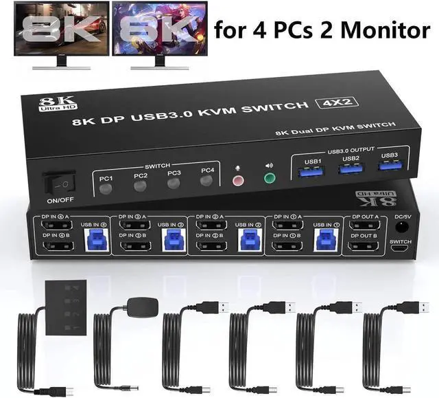 Main image of 4 Port 8K Displayport USB 3.0 KVM Switch 2 Monitors for 4 Computers 2 Monitors, DP1.4 Display Port KVM Switch with Audio Microphone Output and 3 USB 3.0 Port, 8K DP Monitor Switch for 4 PCs 2 Monitors