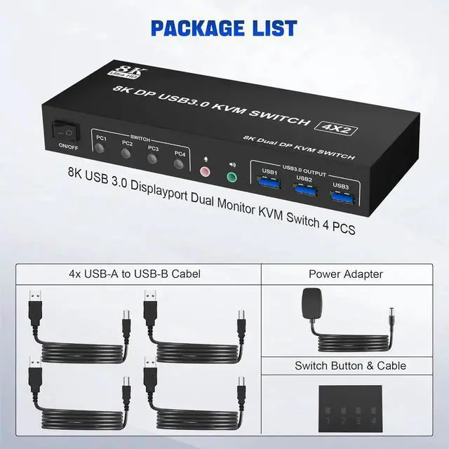 Alt view image 7 of 7 - 4 Port 8K Displayport USB 3.0 KVM Switch 2 Monitors for 4 Computers 2 Monitors, DP1.4 Display Port KVM Switch with Audio Microphone Output and 3 USB 3.0 Port, 8K DP Monitor Switch for 4 PCs 2 Monitors