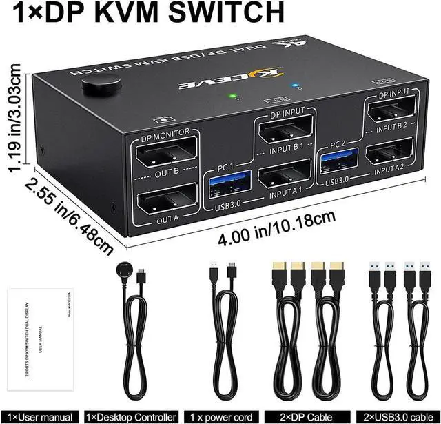 Alt view image 2 of 7 - 2 Port Dual Monitor DisplayPort KVM Switch 8K @30Hz 4K @60Hz, 2 in 2 Out Displayport KVM Switch for 2 PC 2 Monitors, KVM Switches with 4 USB 3.0 Ports, with DP + USB Cable and Desktop Controller