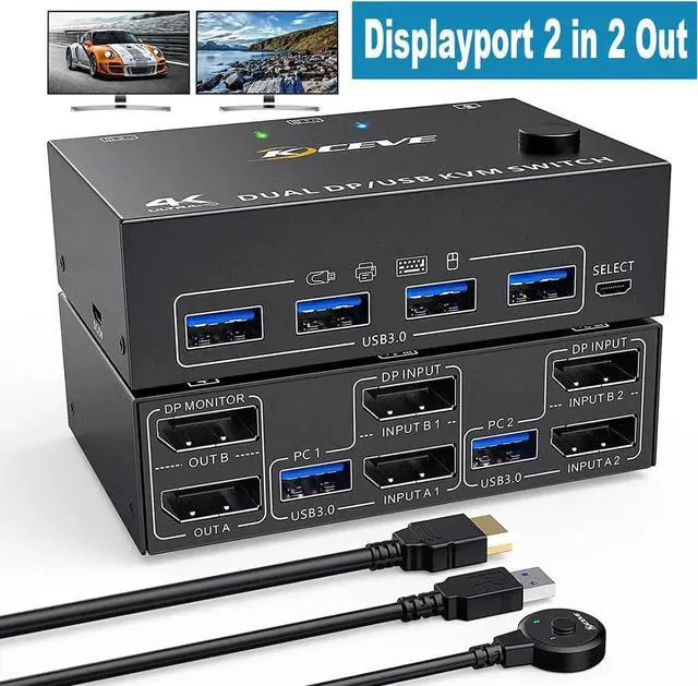 Main image of 2 Port Dual Monitor DisplayPort KVM Switch 8K @30Hz 4K @60Hz, 2 in 2 Out Displayport KVM Switch for 2 PC 2 Monitors, KVM Switches with 4 USB 3.0 Ports, with DP + USB Cable and Desktop Controller