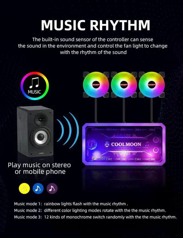 Alt view image 7 of 7 - 5V 6pin ARGB PC Case Fans,120mm RGB Case Fan with Fan Hub and Remote, Aura SYNC, Music Rhythm, Speed Control, Addressable Fan for Computer Case Chassis DIY Adjust Cooler (3 Case Fan+Music Controller)