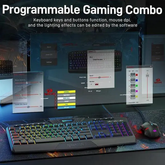 Alt view image 2 of 7 - Redragon Rainbow Programmable Gaming Keyboard and Mouse Combo,USB Wired LED Backlight Gaming Mouse and Mechanical Feel Keyboard,5 Macro Record Keys,Full Size Keyboard,RGB Gaming Set,PC Bundle