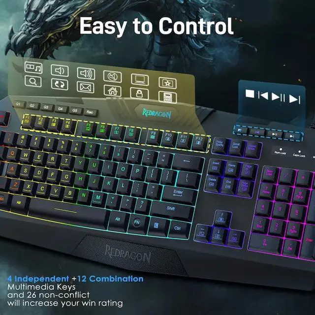 Alt view image 3 of 7 - Redragon Rainbow Programmable Gaming Keyboard and Mouse Combo,USB Wired LED Backlight Gaming Mouse and Mechanical Feel Keyboard,5 Macro Record Keys,Full Size Keyboard,RGB Gaming Set,PC Bundle
