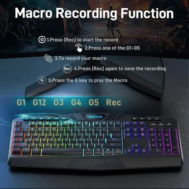 Alt view image 4 of 7 - Redragon Rainbow Programmable Gaming Keyboard and Mouse Combo,USB Wired LED Backlight Gaming Mouse and Mechanical Feel Keyboard,5 Macro Record Keys,Full Size Keyboard,RGB Gaming Set,PC Bundle
