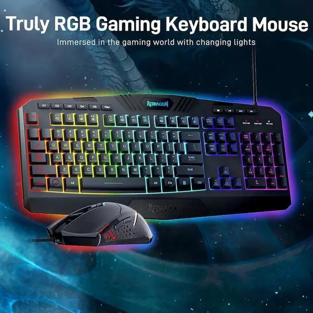Alt view image 5 of 7 - Redragon Rainbow Programmable Gaming Keyboard and Mouse Combo,USB Wired LED Backlight Gaming Mouse and Mechanical Feel Keyboard,5 Macro Record Keys,Full Size Keyboard,RGB Gaming Set,PC Bundle