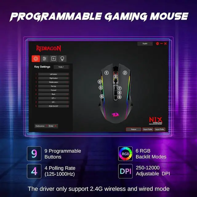 Alt view image 3 of 5 - Redragon Wireless Gaming Mouse, 12000DPI /Tri-Mode 2.4G/USB-C/Bluetooth Mouse Gaming, 12000 DPI, RGB Backlit, Fully Programmable, Rechargeable Wireless Computer Mouse for Laptop PC Mac, Black