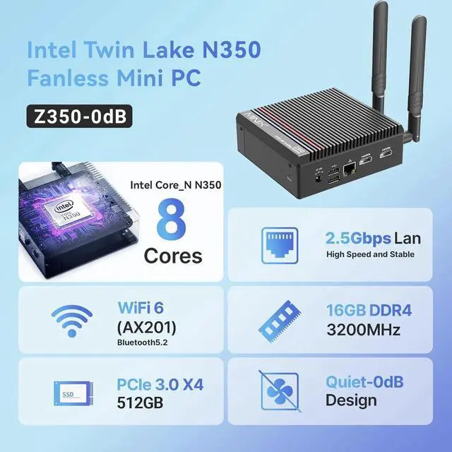 Alt view image 2 of 7 - MINIX Z350-0dB Fanless Silent Mini PC, Intel i3-N350 up to 3.9GHz,16GB DDR4, 512GB NVMe SSD,Dual 4K HDMI 2.1, 2.5G LAN & WiFi 6,Zero Noise Full Metal Desktop Computer,VESA Mountable,Windows 11 Pro
