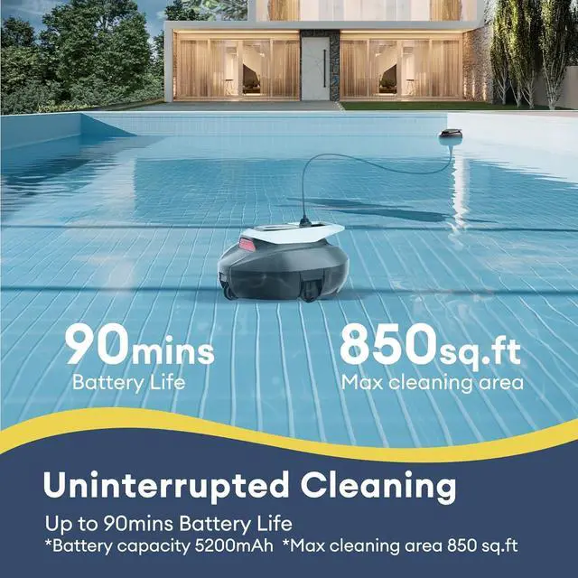 Alt view image 2 of 7 - Ultenic Pooleco 10 Cordless Robotic Pool Cleaner Dual HyperPower 2 Motors 30GPM Suction5200mAh Battery 90min Runtime, 2.5H Fast Charge Covers Up To 850 Sq.Ft Pool for Above Ground & Inground Pools