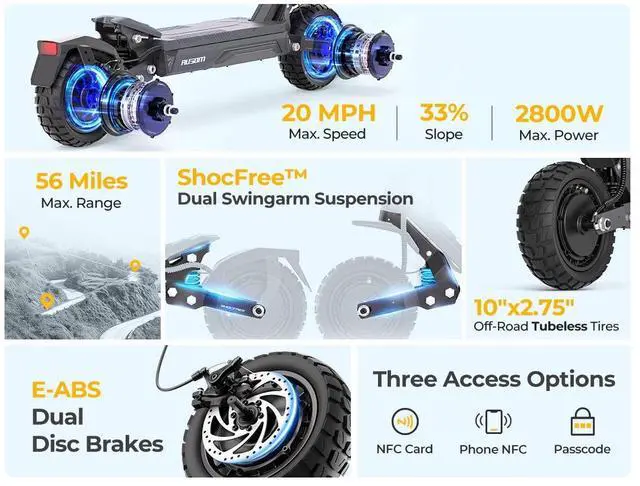 Alt view image 3 of 7 - Ausom Dual Motor Electric Scooter for Men Women, 2800W Peak Power 10/15/20 mph, 56Nm Max Range, 33% Climbing,NFC & Passcode Lock,Swingarm Suspension Off-Road E-Scooter, IP54 Waterproof Scooter
