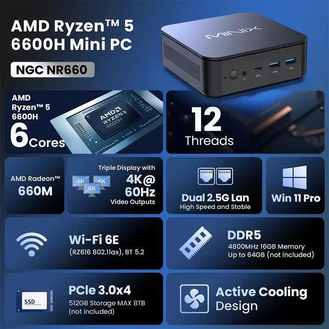 Alt view image 3 of 7 - MINIX NGC NR660 Mini PC AMD Ryzen 5 6600H 6C/12T Radeon 660M ,16GB DDR5 4800MHz 512GB PCIe SSD,Dual PCIe4.0 M.2 / Dual DDR5 Slot Max 64GB RAM, Quad 4K Display Dual 2.5G LAN,Win11 Pro, VESA Mount
