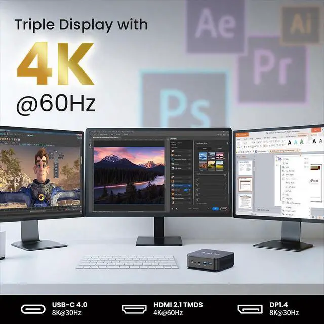 Alt view image 5 of 7 - MINIX NGC NR660 Mini PC AMD Ryzen 5 6600H 6C/12T Radeon 660M ,16GB DDR5 4800MHz 512GB PCIe SSD,Dual PCIe4.0 M.2 / Dual DDR5 Slot Max 64GB RAM, Quad 4K Display Dual 2.5G LAN,Win11 Pro, VESA Mount