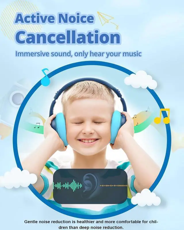 Alt view image 2 of 7 - Tronsmart Kids Bluetooth Headphones with HD Mic & LED Lights, Active Noise Cancelling, 70H Playtime, Lightweight Foldable Wired/Wireless Over-Ear Headphones for PC/Tablet/Smartphone-Blue