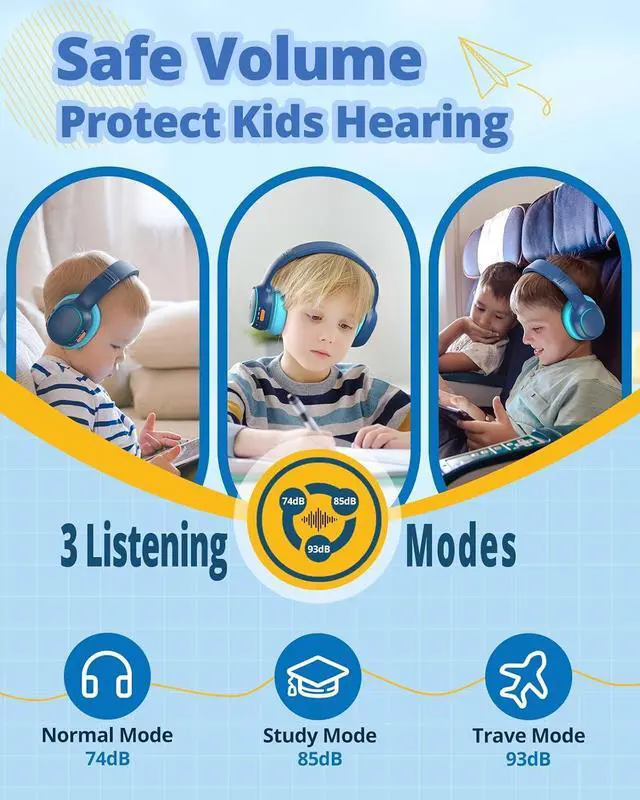 Alt view image 3 of 7 - Tronsmart Kids Bluetooth Headphones with HD Mic & LED Lights, Active Noise Cancelling, 70H Playtime, Lightweight Foldable Wired/Wireless Over-Ear Headphones for PC/Tablet/Smartphone-Blue