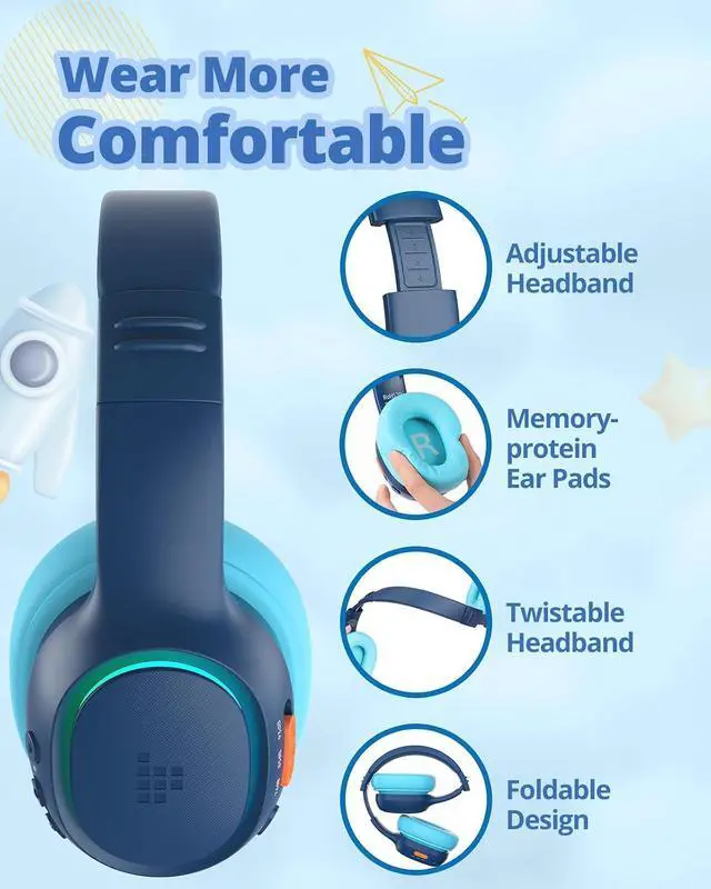 Alt view image 4 of 7 - Tronsmart Kids Bluetooth Headphones with HD Mic & LED Lights, Active Noise Cancelling, 70H Playtime, Lightweight Foldable Wired/Wireless Over-Ear Headphones for PC/Tablet/Smartphone-Blue