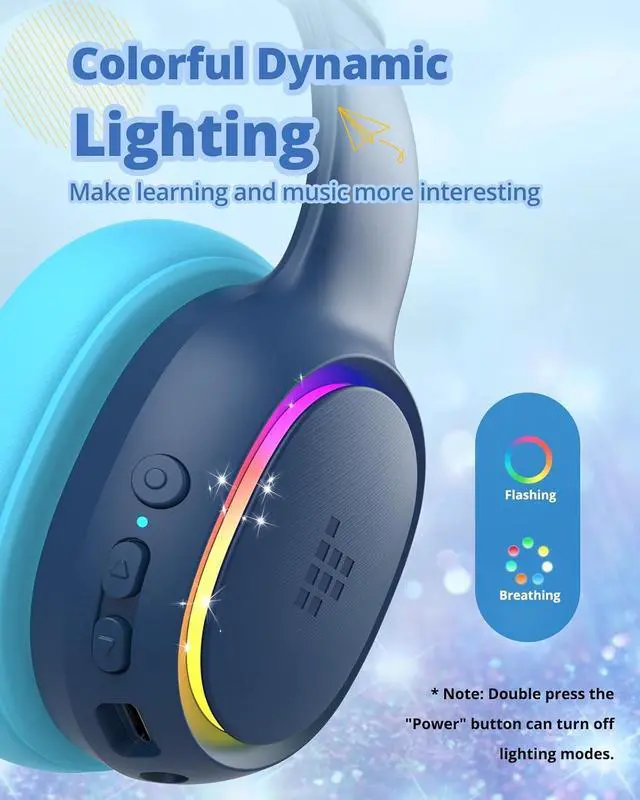 Alt view image 5 of 7 - Tronsmart Kids Bluetooth Headphones with HD Mic & LED Lights, Active Noise Cancelling, 70H Playtime, Lightweight Foldable Wired/Wireless Over-Ear Headphones for PC/Tablet/Smartphone-Blue