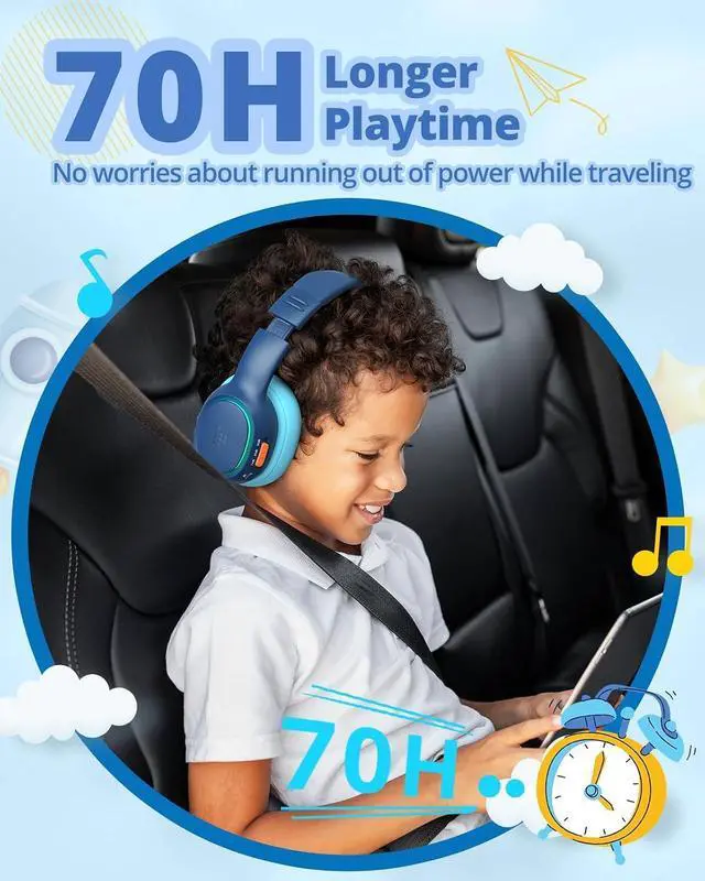 Alt view image 6 of 7 - Tronsmart Kids Bluetooth Headphones with HD Mic & LED Lights, Active Noise Cancelling, 70H Playtime, Lightweight Foldable Wired/Wireless Over-Ear Headphones for PC/Tablet/Smartphone-Blue