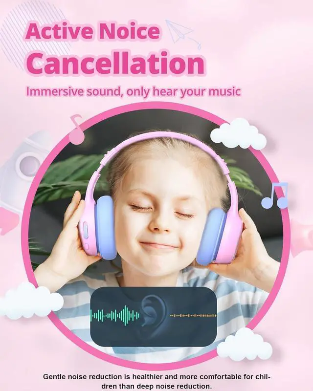 Alt view image 2 of 7 - Tronsmart Kids Bluetooth Headphones with HD Mic & LED Lights, Active Noise Cancelling, 70H Playtime, Lightweight Foldable Wired/Wireless Over-Ear Headphones for PC/Tablet/Smartphone-Pink