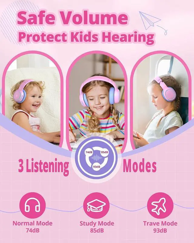 Alt view image 3 of 7 - Tronsmart Kids Bluetooth Headphones with HD Mic & LED Lights, Active Noise Cancelling, 70H Playtime, Lightweight Foldable Wired/Wireless Over-Ear Headphones for PC/Tablet/Smartphone-Pink