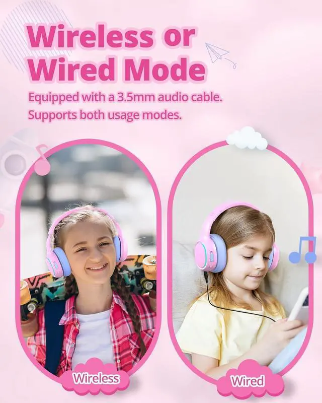 Alt view image 7 of 7 - Tronsmart Kids Bluetooth Headphones with HD Mic & LED Lights, Active Noise Cancelling, 70H Playtime, Lightweight Foldable Wired/Wireless Over-Ear Headphones for PC/Tablet/Smartphone-Pink