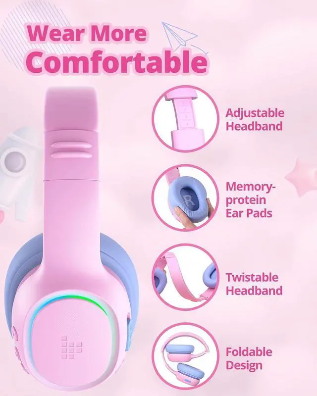 Alt view image 4 of 7 - Tronsmart Kids Bluetooth Headphones with HD Mic & LED Lights, Active Noise Cancelling, 70H Playtime, Lightweight Foldable Wired/Wireless Over-Ear Headphones for PC/Tablet/Smartphone-Pink