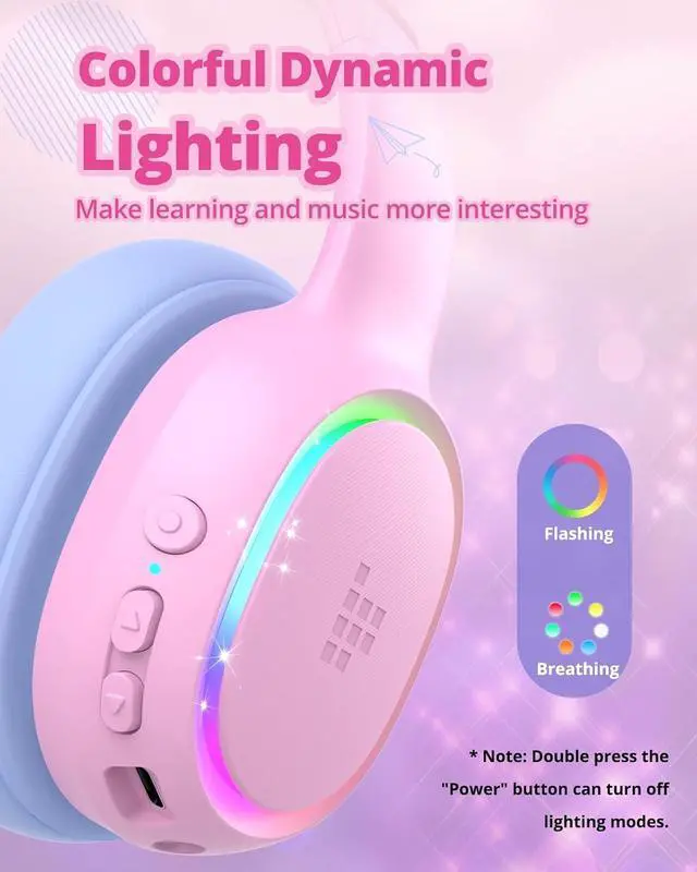 Alt view image 5 of 7 - Tronsmart Kids Bluetooth Headphones with HD Mic & LED Lights, Active Noise Cancelling, 70H Playtime, Lightweight Foldable Wired/Wireless Over-Ear Headphones for PC/Tablet/Smartphone-Pink