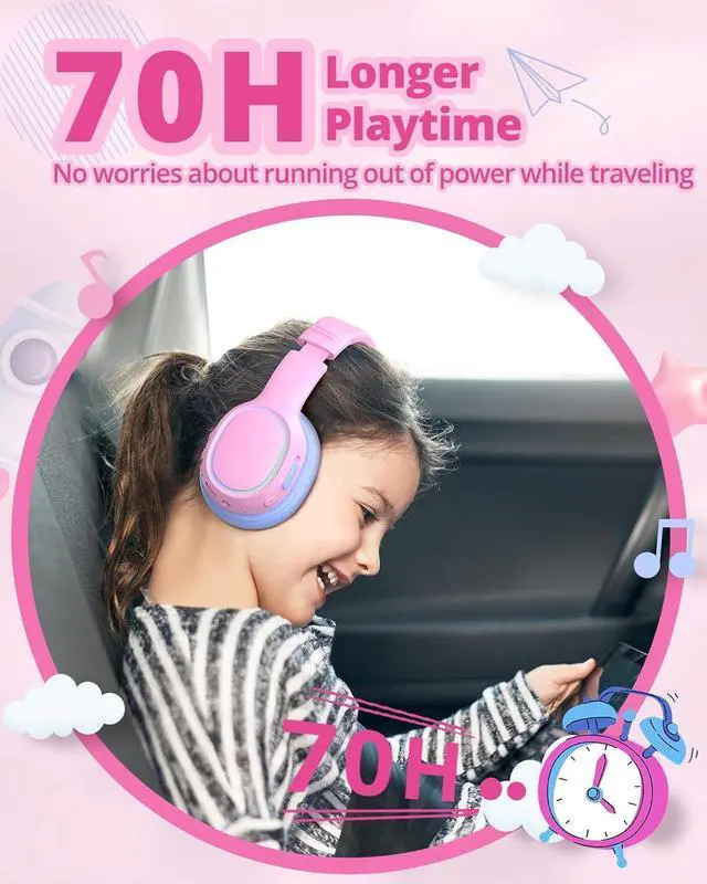 Alt view image 6 of 7 - Tronsmart Kids Bluetooth Headphones with HD Mic & LED Lights, Active Noise Cancelling, 70H Playtime, Lightweight Foldable Wired/Wireless Over-Ear Headphones for PC/Tablet/Smartphone-Pink
