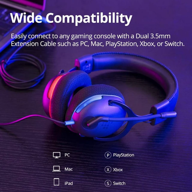 Alt view image 2 of 7 - Tronsmart Sounfii G10 Wired Gaming Headset with Flip Mic Volume Wheel, 40mm Drivers, Durable Aluminum Frame, 3.5mm Jack /1.2m Audio, Lightspeed Headphones for PC, Mac, PlayStation, Xbox, Switch-Blue