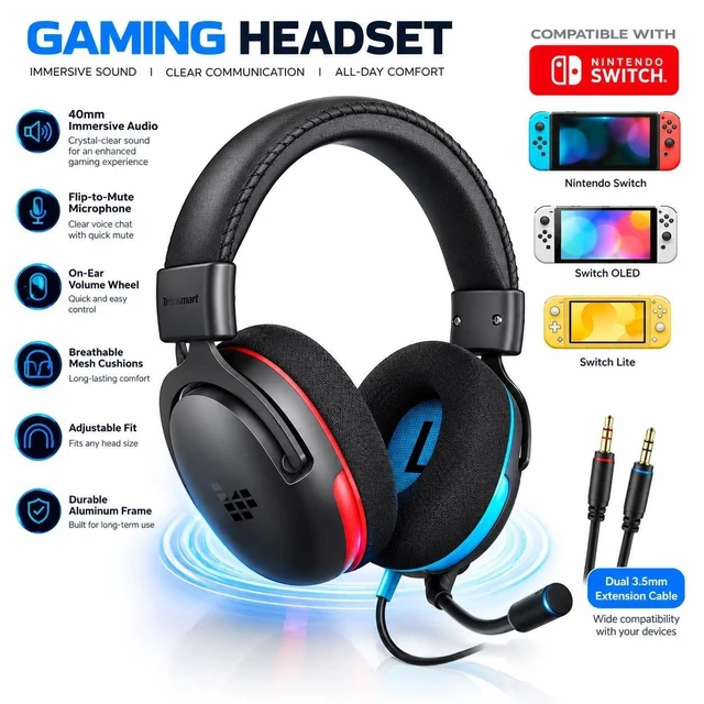 Main image of Tronsmart Sounfii G10 Wired Gaming Headset with Flip Mic Volume Wheel, 40mm Drivers, Durable Aluminum Frame, 3.5mm Jack /1.2m Audio, Lightspeed Headphones for PC, Mac, PlayStation, Xbox, Switch-Blue
