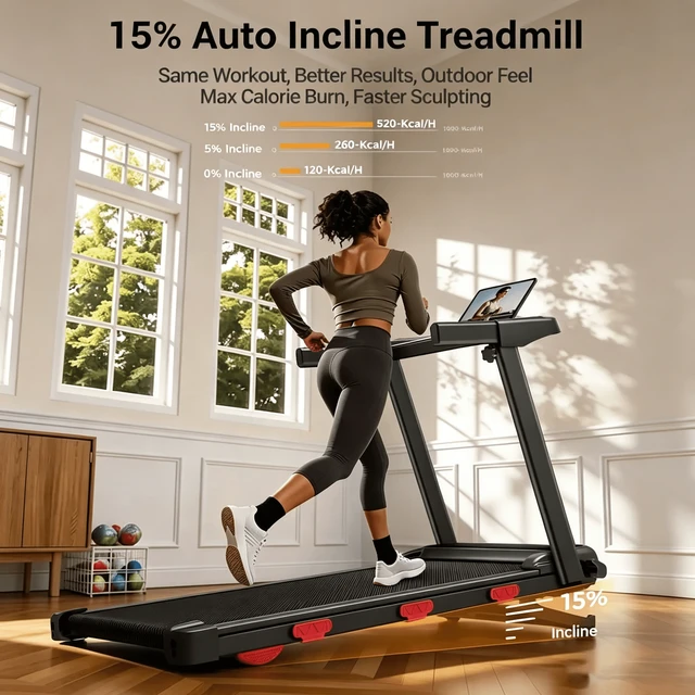 Alt view image 2 of 5 - ROBORE SF60 15% Auto Incline Treadmill for Home Office, One-Knob Folding Design, 7.2MPH 3.0HP Quiet Motor, LED Display, 300 LBS - Black