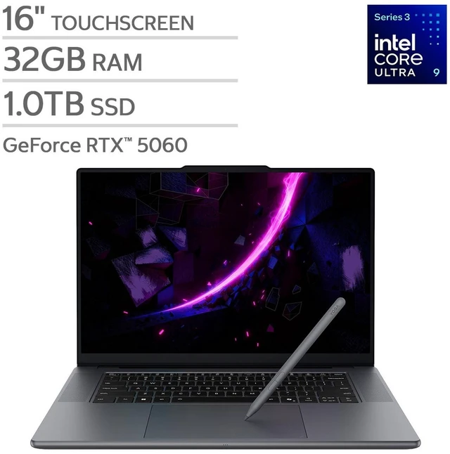 Main image of Lenovo Pro 9i Aura - 16" 3.2K 120Hz OLED (2560x1600) Touchscreen, Intel Core Ultra 9 386H Series 3 Processor, 32GB RAM, 1TB SSD, GeForce RTX 5060, Wi-Fi 7, Win 11 Home with Copilot+, Lenovo Pen Gen 2