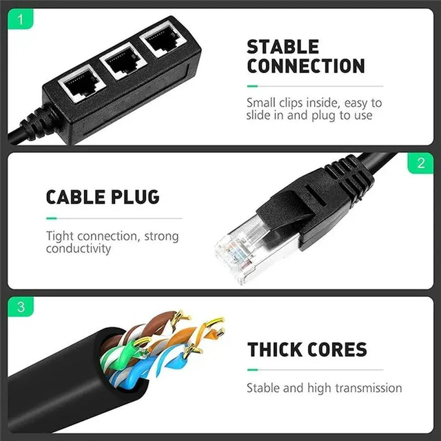Alt view image 2 of 3 - AJMRTC Black RJ45 Ethernet Splitter Adapter, 1 Piece LAN Network Port Splitter for Home Office School Network Expansion, RJ45 Cable Splitter for Wired Network Connection