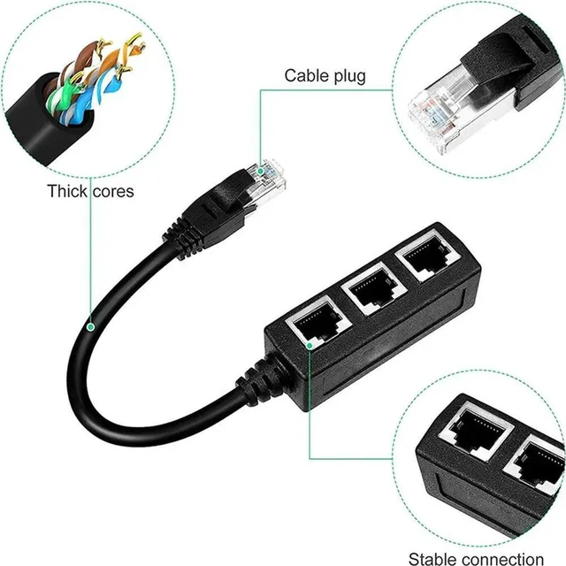Alt view image 3 of 3 - AJMRTC Black RJ45 Ethernet Splitter Adapter, 1 Piece LAN Network Port Splitter for Home Office School Network Expansion, RJ45 Cable Splitter for Wired Network Connection