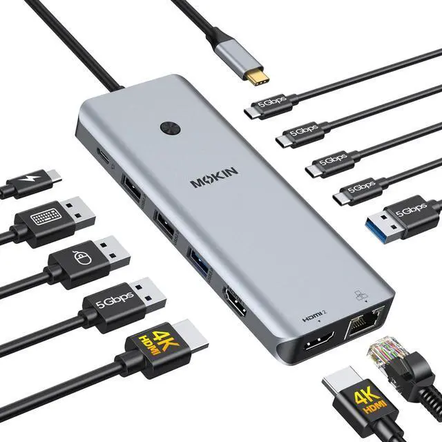 Main image of USB C Docking Station Dual Monitor 2 HDMI for Dell/HP/Lenovo Laptop | USB C Hub 2 HDMI Dual HDMI, Turn off Screen Button, 4*USB C 3.0/2*USB A 3.0/2*USB A 2.0/Ethernet Port/USB C Charging Port