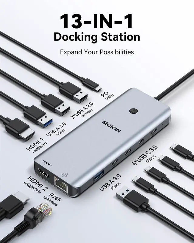 Alt view image 2 of 7 - USB C Docking Station Dual Monitor 2 HDMI for Dell/HP/Lenovo Laptop | USB C Hub 2 HDMI Dual HDMI, Turn off Screen Button, 4*USB C 3.0/2*USB A 3.0/2*USB A 2.0/Ethernet Port/USB C Charging Port