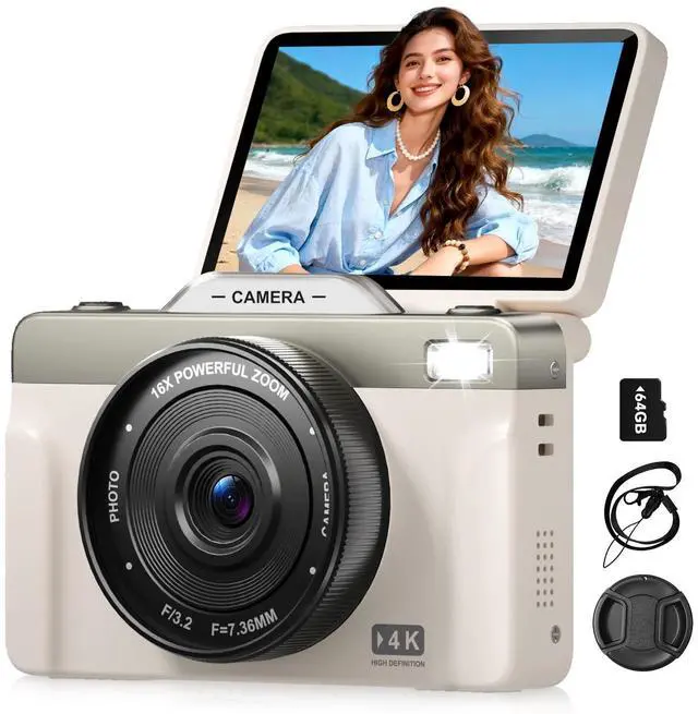 4K Digital Cameras for Photography, 64MP Autofoucs Vlogging Camera for YouTube with 3" 180° Flip Screen,16X Zoom Compact Travel Camera for Beginners Teens with 64GB Card (White)
